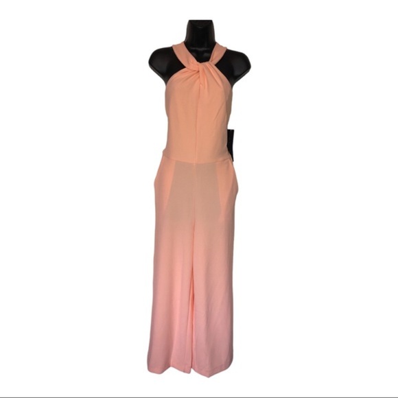 Rachel Roy pink blush crepe halter wide leg twist front midi jumpsuit size large - Picture 11 of 16